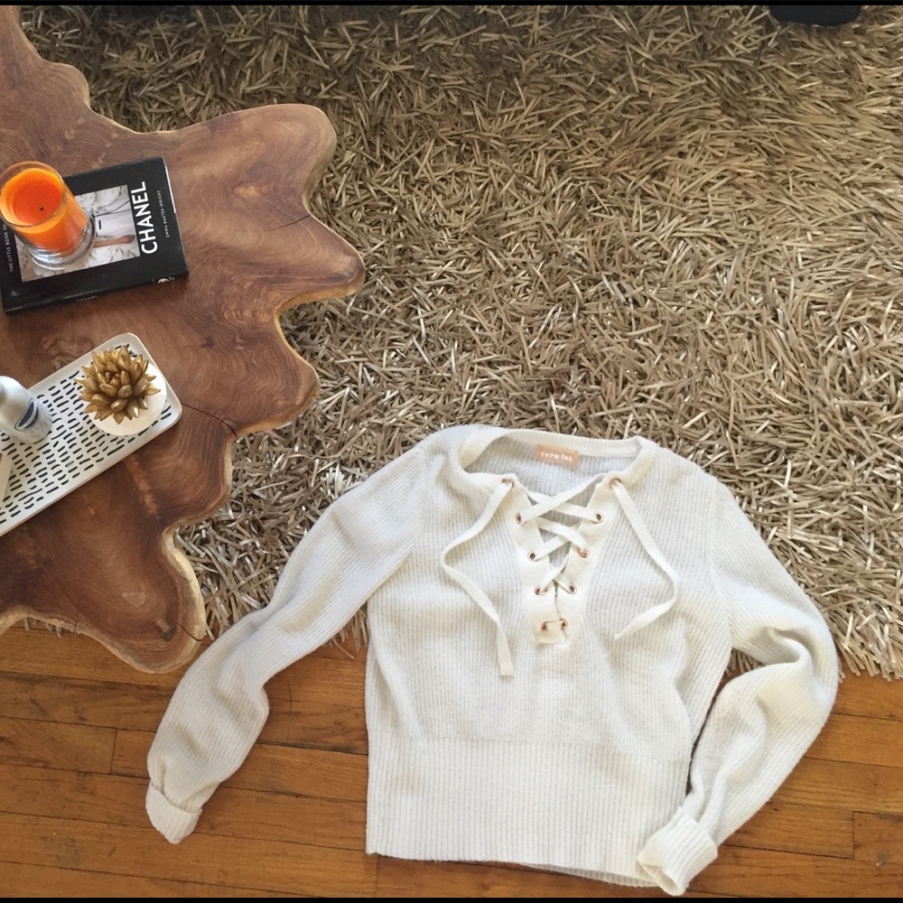 White lace up sweater
